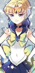  back_bow bad_id bad_pixiv_id bishoujo_senshi_sailor_moon blonde_hair blue_choker blue_sailor_collar blue_skirt bow brooch choker earrings elbow_gloves female gloves hands_on_own_hips heart heart_brooch jewelry magical_girl photoshop_(medium) purple_eyes sailor_collar sailor_senshi_uniform sailor_uranus seal_(pukozin) short_hair skirt smile solo star_(symbol) star_choker super_sailor_uranus ten&#039;ou_haruka tiara very_short_hair white_gloves yellow_bow 