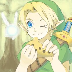  1boy bad_link blonde_hair blue_eyes fairy link lolicon lowres navi oekaki one_eye_closed pointy_ears smile sword the_legend_of_zelda the_legend_of_zelda:_ocarina_of_time weapon young_link 