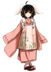  ahoge alternate_costume animal_ears bad_id bad_pixiv_id black_hair female hifu inaba_tewi japanese_clothes rabbit_ears red_eyes short_hair simple_background solo touhou tsukiori white_background wide_sleeves 