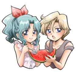  2girls alternate_hairstyle bishoujo_senshi_sailor_moon blonde_hair blue_eyes blush commentary_request food fruit green_hair high_ponytail kaiou_michiru multiple_girls ponytail short_hair ten&#039;ou_haruka tomo_(rocket_start!) very_short_hair watermelon white_background wide_ponytail 