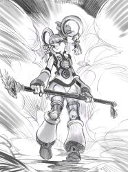  chinese_clothes commentary_request detached_sleeves dragon_kid female hat huang_baoling monochrome saskia_gutekunst short_hair shorts smile smoke solo staff superhero_costume thighhighs tiger_&amp;_bunny 