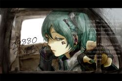  aqua_eyes aqua_hair car car_interior cellphone commentary_request earphones english_text female fingerless_gloves fingernails gloves hatsune_miku itou_toi letterboxed long_hair looking_at_viewer motor_vehicle nail_polish open_mouth phone profile solo twintails vocaloid 