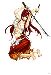  absurdres artbook bandages barefoot chest_sarashi dark_red_hair dual_wielding erza_scarlet fairy_tail feet female hakama hakama_skirt highres holding imageboard_desourced japanese_clothes kneeling long_hair mashima_hiro midriff non-web_source official_art photoshop_(medium) red_hair red_hakama sarashi scan skirt soles sword tattoo torn_clothes weapon 