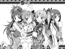  4girls akemi_homura alternate_costume alternate_hairstyle arm_up ayukko_(forest_village) bag candy_apple commentary_request dress feeding floral_print flower food greyscale grin hair_flower hair_ornament hand_fan hands_on_shoulders holding_hands japanese_clothes kaname_madoka kimono kinchaku long_hair mahou_shoujo_madoka_magica mahou_shoujo_madoka_magica_(anime) miki_sayaka monochrome multiple_girls obi oerba_yun_fang one_eye_closed open_mouth paper_fan photoshop_(medium) polka_dot polka_dot_dress polka_dot_kimono ponytail pouch sakura_kyoko sash short_hair smile summer_festival uchiwa water_yoyo 