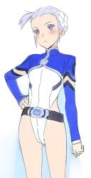  :&lt; belt blue_hair blush breasts clenched_hands colored_eyelashes cowboy_shot cropped_jacket female fin_e_ld_si_laffinty flat_color flower frown hair_ornament hand_on_own_hip highleg highleg_leotard leotard long_sleeves looking_at_viewer loose_belt nishieda photoshop_(medium) pilot_suit purple_eyes rinne_no_lagrange short_hair sidelocks simple_background small_breasts solo standing turtleneck white_background 