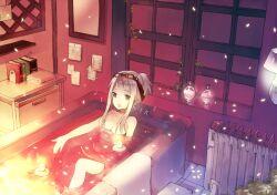  :d bad_id bad_pixiv_id bath bathing bathroom beamed_sixteenth_notes book bookmark breasts candle candlelight cleavage colorful eighth_note eyewear_on_head female food fruit glowing glowing_petals gradient hair_over_breasts indoors knee_up lantern lantern_on_liquid looking_at_viewer matsuha_shuu medium_breasts mirror music musical_note nude o-ring open_mouth orange_(fruit) original outstretched_arm outstretched_hand paper_lantern partially_submerged petals purple_theme quarter_note radiator ripples short_bangs side_ponytail signing singing sitting smile solo spoken_musical_note sunset tied_hair tile_floor tiles towel water white_hair window 