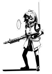  ... akai_megane breathing_tube commentary_request dress female gas_mask greyscale gun kerberos_saga machine_gun mask mg34 monochrome nanamori_school_uniform parody protect_gear sailor_dress school_uniform serafuku simple_background solo sugiura_ayano unlikely_accident watarai_keiji weapon yuru_yuri 