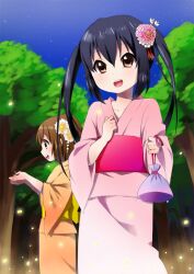  2girls bag black_hair brown_eyes brown_hair commentary_request fireflies flower hair_flower hair_ornament hirasawa_yui japanese_clothes k-on! kimono kinchaku long_hair multiple_girls muta_(munimuni) nakano_azusa orange_kimono photoshop_(medium) pink_kimono pouch short_hair twintails yukata 