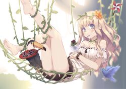  anko_(food) bare_shoulders barefoot bird black_skirt blonde_hair blue_eyes blush bracelet collarbone commentary_request eating feet feet_up female flower food hair_flower hair_ornament hammock hand_fan hiraga_matsuri jewelry legs_up long_hair looking_at_viewer lying mouth_hold off-shoulder_shirt off_shoulder on_back original paper_fan pinwheel plant ribbon-trimmed_clothes ribbon-trimmed_shirt ribbon_trim shaved_ice shirt skirt soles solo toucan uchiwa ujikintoki utensil_in_mouth vines white_shirt 