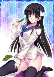  bad_id bad_pixiv_id black_hair female flower hair_ornament hydrangea leaf long_hair no_pants open_mouth panties photoshop_(medium) pink_panties red_eyes sanka_rea sankarea satou_satoru school_uniform shirt smile solo thighhighs underwear 