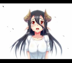  black_hair breasts commentary_request crying crying_with_eyes_open dragon_girl dragon_horns dream_demon female hair_between_eyes horned_girl_(dream_demon) horns letterboxed long_hair medium_breasts open_mouth original pointy_ears rectangular_mouth red_eyes shirt solo t-shirt tears upper_body white_background 