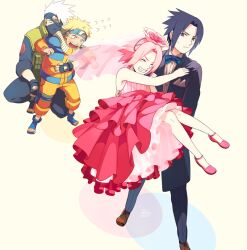  3boys black_hair blonde_hair carrying commentary_request couple dress female grey_hair hatake_kakashi multiple_boys naruto naruto_(series) oba-min photoshop_(medium) pink_hair princess_carry sakura_haruno straight team_7_(naruto) tuxedo uchiha_sasuke uzumaki_naruto wedding 