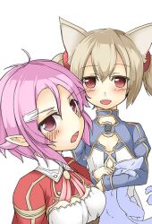  2girls animal_ears blush bow bowtie breasts brown_hair cat_ears cat_girl commentary_request dress feathered_dragon freckles hair_ornament hairclip lisbeth_(sao) lisbeth_(sao-alo) medium_breasts mini_dragon multiple_girls open_mouth photoshop_(medium) pina_(sao) pink_hair pointy_ears purple_eyes red_eyes rindou_(faker&#039;s_manual) short_hair short_twintails silica silica_(sao-alo) sword_art_online twintails 