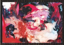  absurdres armpits female hat hat_ribbon highres photoshop_(medium) polearm purple_hair red_eyes remilia_scarlet ribbon scan short_hair slit_pupils smile solo spear spear_the_gungnir tokiame touhou weapon 