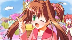  2girls ;d ahoge akaza_akari blush bow brown_hair commentary_request crossover dress green_eyes hair_bun hair_intakes hair_ribbon highres index_finger_raised jewelpet_(series) jewelpet_twinkle multiple_girls name_connection nanamori_school_uniform one_eye_closed open_mouth photoshop_(medium) pink_bow rectangular_mouth red_hair ribbon sailor_dress sakura_akari school_uniform serafuku shizuku-mahoroba short_hair single_hair_bun smile surprised turn_pale yuru_yuri yuru_yuri&#039;s_starting 