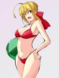  ahoge bad_id bad_pixiv_id ball beachball bikini blonde_hair bow breasts cleavage fate/extra fate_(series) female green_eyes hairbow kichihachi large_breasts navel nero_claudius_(fate) nero_claudius_(fate/extra) photoshop_(medium) red_bikini solo swimsuit 