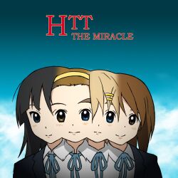  4girls akiyama_mio album_cover album_cover_redraw black_eyes black_hair blonde_hair blue_eyes brown_eyes brown_hair commentary_request conjoined cover derivative_work hair_ornament hairband hairclip hirasawa_yui k-on! kotobuki_tsumugi multiple_girls parody queen_(band) richard_crazyman sakuragaoka_high_school_uniform school_uniform tainaka_ritsu the_miracle yellow_hairband 