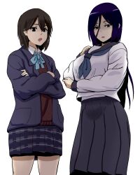  2girls bad_id bad_pixiv_id black_hair blue_hair butaneko crossed_arms crossover highres hyouka inaba_himeko irisu_fuyumi kokoro_connect multiple_girls school_uniform season_connection serafuku short_hair 