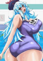  ass blue_hair breasts curvy female female from_behind hat huge_ass huge_breasts kamishirasawa_keine long_hair looking_back one-piece_swimsuit open_mouth pool red_eyes solo standing swimsuit touhou ura urx_ura water wide_hips 