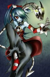  artist_request blue_hair blue_skin bone bones detached_sleeves dress female hair_over_one_eye hair_over_one_eyes highres leviathan_(skullgirls) monster_girl ponytail red_eyes sangyou_haikibutsu_(turnamoonright) skullgirls squigly_(skullgirls) stitched_mouth turnamoonright zombie 