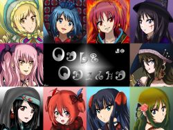  6+girls ahoge akemi_homura athyra black_hair blonde_hair blue_eyes blue_hair blush brown_hair butterfly_hair_ornament candeloro charlotte_(madoka_magica) commentary_request crescent cross earrings elsa_maria_(madoka_magica) fire gertrud_(madoka_magica) green_hair grin h.n.elly_(kirsten) hair_ornament hair_ribbon hat headdress heart highres homulilly hood jewelry kriemhild_gretchen long_hair madoka_runes mahou_shoujo_madoka_magica mahou_shoujo_madoka_magica_(anime) miki_sayaka multicolored_eyes multiple_girls oerba_yun_fang oktavia_von_seckendorff ophelia_(madoka_magica) personification photoshop_(medium) pink_hair purple_eyes red_eyes red_hair ribbon sakura_kyoko scar short_hair smile spoilers symbol-shaped_pupils tomoe_mami tongue tongue_out twintails walpurgisnacht_(madoka_magica) witch_(madoka_magica) witch_hat yellow_eyes 