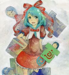  acrylic_paint_(medium) aqua_hair blush bow closed_eyes commentary_request female frills front_ponytail green_eyes hair_ornament hair_ribbon hairbow hand_on_own_hip kagiyama_hina long_hair looking_at_viewer nib_pen_(medium) nihimaru open_mouth painting_(medium) ribbon short_sleeves solo touhou traditional_media 