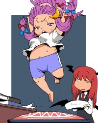  2girls alternate_costume bad_id bad_pixiv_id barefoot bat_wings book cameltoe commentary_request crescent crescent_hair_ornament feet hair_ornament head_wings koakuma long_hair multiple_girls onikobe_rin open_mouth patchouli_knowledge purple_eyes purple_hair red_hair ribbon toes touhou towel trampoline wings 