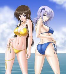  2girls ass bikini blue_bikini blue_eyes breasts brown_hair cloud commentary_request covered_nipples cryska_barchenowa day front-tie_top large_breasts long_hair looking_at_viewer looking_back misnon_the_great multiple_girls muv-luv muv-luv_alternative muv-luv_total_eclipse navel ocean parted_lips purple_hair short_hair side-tie_bikini_bottom sky strap_gap swimsuit takamura_yui untied yellow_bikini 