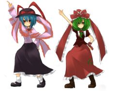  2girls arm_ribbon arm_up black_skirt blush boots bow commentary_request dress frills front_ponytail green_eyes green_hair hair_ornament hair_ribbon hairbow hand_on_own_hip hat hat_ribbon index_finger_raised kagiyama_hina long_hair long_skirt mikan_(ama_no_hakoniwa) multiple_girls nagae_iku outstretched_arm pointing pointing_up red_dress red_eyes ribbon saturday_night_fever shoes short_hair skirt touhou 