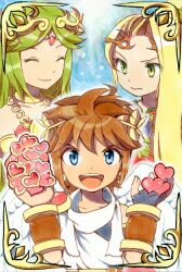  2girls angel azumi_(tks-sd) blonde_hair blue_eyes brown_hair green_eyes green_hair heart jewelry kid_icarus kid_icarus_uprising lots_of_jewelry multiple_girls nachure nintendo palutena pit_(kid_icarus) viridi wings 