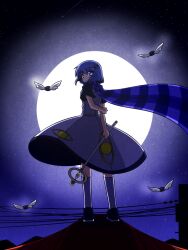  blue_eyes blue_hair commentary_request dress female full_moon hair_ornament hairclip moon night night_sky outdoors pixiv_azriel power_lines scarf short_hair sideways_glance sky smile socks solo sora_no_amagumo staff yumeshima_kanata 