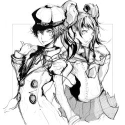  2girls androgynous bad_id bad_pixiv_id cabbie_hat futianxingyi_(warholx) greyscale hat jacket kujikawa_rise monochrome multiple_girls persona persona_4 reverse_trap school_uniform shirogane_naoto short_hair smile 