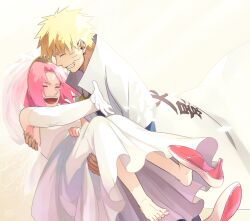  1boy bare_shoulders blonde_hair bridal_veil carrying closed_eyes commentary_request couple dress elbow_gloves female gloves grin happy happy_tears long_hair naruto naruto_(series) oba-min open_mouth photoshop_(medium) pink_hair princess_carry sakura_haruno shoe_dangle shoes short_hair single_shoe smile straight tears uzumaki_naruto veil wedding_dress 