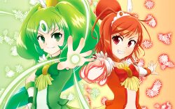  2girls bad_id bad_pixiv_id choker commentary_request cure_march cure_sunny fire green_choker green_eyes green_hair green_skirt highres hino_akane_(smile_precure!) long_hair makoto_aya midorikawa_nao multiple_girls orange_choker orange_eyes orange_hair photoshop_(medium) ponytail precure short_hair skirt smile_precure tiara tri_tails wind 