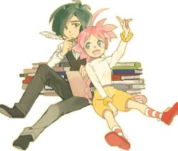  1boy :d ahiru_(princess_tutu) ahoge bad_drawr_id bad_id bad_link blue_eyes book fakir_(princess_tutu) feathers female freckles harutarou oekaki open_mouth princess_tutu quill shorts simple_background sitting smile writing 