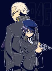  1boy blonde_hair blue_eyes blue_hair bullet cabbie_hat commentary_request crossdressing ear_piercing female gun handgun hat height_difference houndstooth jacket jacket_on_shoulders persona persona_4 photoshop_(medium) piercing reverse_trap revolver school_uniform shirogane_naoto short_hair smile sunglasses taru_neko tatsumi_kanji unmoving_pattern weapon 