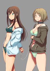  2girls bare_shoulders bikini blush bondage bondage bound breasts brown_eyes brown_hair cleavage collar commentary_request green_eyes hood hooded_jacket hoodie idolmaster idolmaster_cinderella_girls inu_(aerodog) jacket large_breasts leash long_hair looking_at_viewer mimura_kanako multiple_girls navel open_clothes open_hoodie open_mouth shibuya_rin short_hair slave swimsuit 