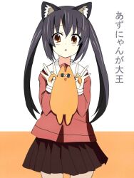  :3 :o alternate_costume animal_ears azumanga_daioh&#039;s_school_uniform azumanga_daiou black_hair blush cat_ears commentary_request crossover female k-on! kemonomimi_mode long_hair mihama_chiyo&#039;s_father nakano_azusa open_mouth parted_lips pink_serafuku pink_shirt school_uniform serafuku shirt solo teeth toragon twintails very_long_hair winter_uniform yellow_eyes 