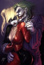  1boy batman_(series) black_bodysuit blonde_hair bodysuit breasts cleavage commentary dc_comics domino_mask english_commentary female glasgow_smile gloves green_hair harley_quinn holding_hands joker_(dc) kuroi-tsuki large_breasts makeup mask md5_mismatch red_bodysuit resolution_mismatch source_smaller stitches twintails western_comics_(style) zipper 