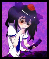  black_hair blood blood_in_mouth blush cellphone commentary_request female hat hata-tan_(rui_(hershe)) heikouidou_(seraeno) himekaidou_hatate long_hair necktie phone puffy_sleeves red_eyes short_sleeves solo tokin_hat touhou twintails wrist_cutting yandere 