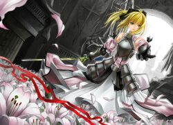  armor armored_dress artoria_pendragon_(fate) bad_id bad_pixiv_id bare_shoulders blonde_hair commentary_request cross_akiha fate/stay_night fate/unlimited_codes fate_(series) female gauntlets green_eyes highres photoshop_(medium) ponytail saber_lily solo sword weapon 