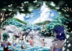  6+girls animal_ears bad_id bad_pixiv_id bare_shoulders barefoot bikini black_hair black_socks black_thighhighs blonde_hair blouse blue_hair broom broom_riding cloud computer crossed_arms crossed_legs day flying forest green_eyes green_hair hakurei_reimu hat inubashiri_momiji kagiyama_hina kawashiro_nitori kirisame_marisa kochiya_sanae laptop long_hair long_sleeves moriya_suwako mountain_of_faith multiple_girls nature no_eyes off_shoulder open_mouth outdoors pants pom_pom_(clothes) shameimaru_aya shirt shoes short_hair short_sleeves sitting skirt sky sleeveless smile soaking_feet socks stone surfing swimsuit tail thighhighs tokin_hat touhou two_side_up unworn_headwear water white_hair wide_sleeves wings wolf_ears wolf_tail yasaka_kanako yellow_eyes yuuichi_(reductionblack) 