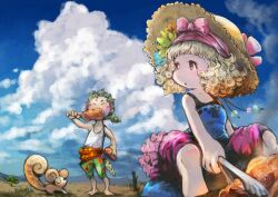  1boy animal blonde_hair blush boned_meat cloud commentary_request curly_hair day desert eating female final_fantasy final_fantasy_vi food gau hat lolicon meat open_mouth outdoors photoshop_(medium) relm_arrowny ribbon sabotender sky tongs umeda_yoshio 