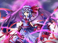  absurdres ascot bandages bat_wings blue_hair broken broken_chain chains commentary female glowing hat hat_ribbon highres mero_(ly21207) miserable_fate petals polearm puffy_sleeves red_eyes remilia_scarlet ribbon short_hair short_sleeves smile solo spear spear_the_gungnir touhou weapon wings wrist_cuffs 