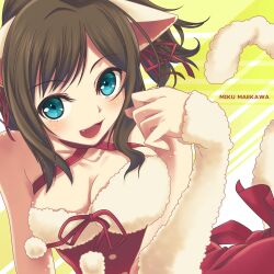  animal_ears breasts brown_hair cat_ears cleavage commentary_request female green_eyes highres idolmaster idolmaster_cinderella_girls maekawa_miku medium_breasts oerba_yun_fang shirousagi_una short_hair solo 