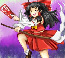  bad_id bad_pixiv_id black_hair bow brown_eyes corydoras detached_sleeves female gohei hair_tubes hairbow hakurei_reimu happy japanese_clothes long_hair miko open_mouth red_bow skirt socks solo spell_card touhou 