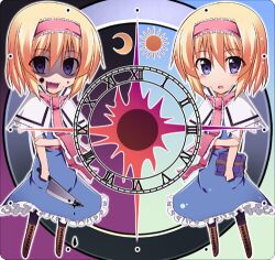  2girls alice_margatroid blonde_hair blood blood_in_mouth blue_eyes blush book capelet commentary_request crazy_smile cross-laced_footwear dual_persona hairband knife lowres multiple_girls open_mouth pantyhose sash short_hair smile tel touhou weapon yandere 