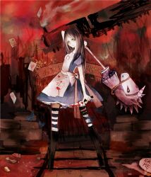  alice:_madness_returns alice_(character) alice_(wonderland) alice_in_wonderland alice_liddell american_mcgee&#039;s_alice black_hair blood dress green_eyes highres hobbyhorse skirt striped striped_legwear striped_stockings thighhighs 