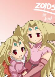  2girls aged_up artist_name bad_id bad_pixiv_id blonde_hair breasts dual_persona facial_mark fiona_(zoids) forehead_mark hair_intakes hug kuga_zankurou large_breasts long_hair multiple_girls open_mouth red_eyes signature time_paradox zoids 