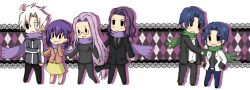  2girls 4boys ahoge argyle_background bad_id bad_pixiv_id berserker_(fate/zero) blue_hair chibi fate/zero fate_(series) father_and_son formal grey_hair matou_byakuya matou_kariya matou_sakura matou_shinji medusa_(fate) medusa_(rider)_(fate) multiple_boys multiple_girls purple_hair ribbon scarf shared_clothes shared_scarf skirt suit uncle_and_niece ximsol182 